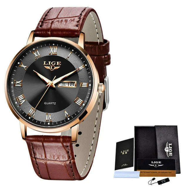KIMLUD, LIGE Brand Women Watches Ultra-thin Luxury Quartz Watch Fashion Ladies Clock Stainless Steel Waterproof Calendar Week Wristwatch, Leather gold black / China, KIMLUD Womens Clothes