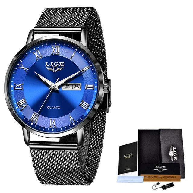 KIMLUD, LIGE Brand Women Watches Ultra-thin Luxury Quartz Watch Fashion Ladies Clock Stainless Steel Waterproof Calendar Week Wristwatch, black blue / China, KIMLUD Womens Clothes