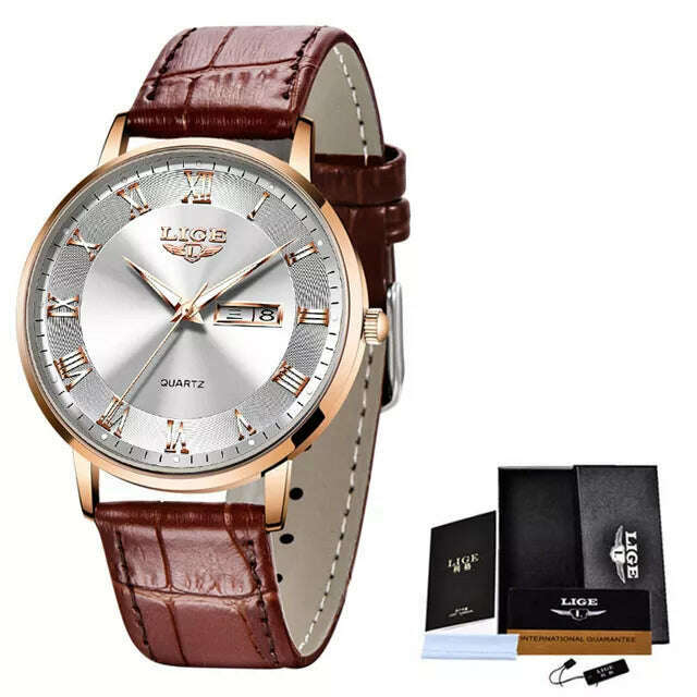 KIMLUD, LIGE Brand Women Watches Ultra-thin Luxury Quartz Watch Fashion Ladies Clock Stainless Steel Waterproof Calendar Week Wristwatch, Leather gold white / China, KIMLUD Womens Clothes