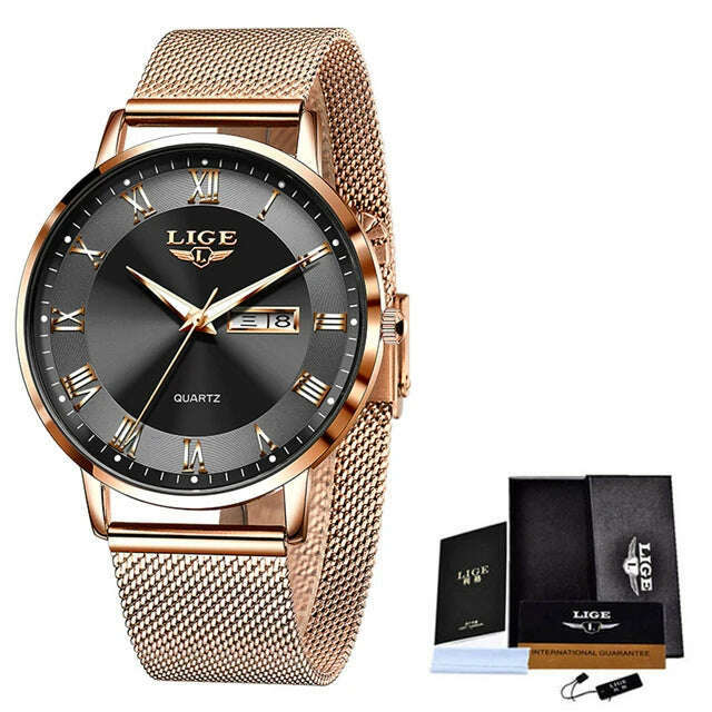 KIMLUD, LIGE Brand Women Watches Ultra-thin Luxury Quartz Watch Fashion Ladies Clock Stainless Steel Waterproof Calendar Week Wristwatch, Rose gold black / China, KIMLUD Womens Clothes
