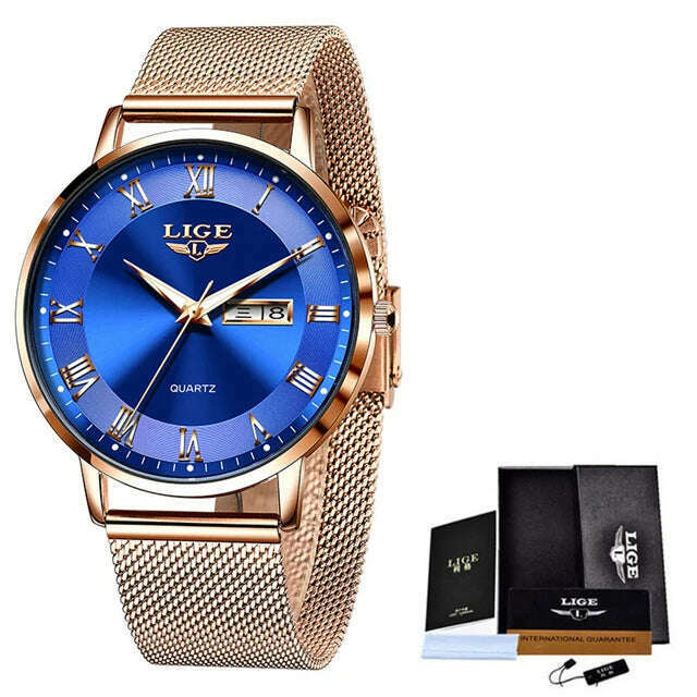 KIMLUD, LIGE Brand Women Watches Ultra-thin Luxury Quartz Watch Fashion Ladies Clock Stainless Steel Waterproof Calendar Week Wristwatch, Rose gold blue / China, KIMLUD Womens Clothes