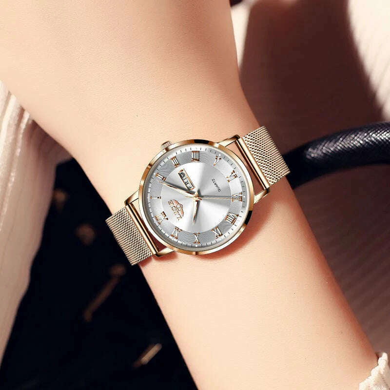 KIMLUD, LIGE Brand Women Watches Ultra-thin Luxury Quartz Watch Fashion Ladies Clock Stainless Steel Waterproof Calendar Week Wristwatch, KIMLUD Womens Clothes