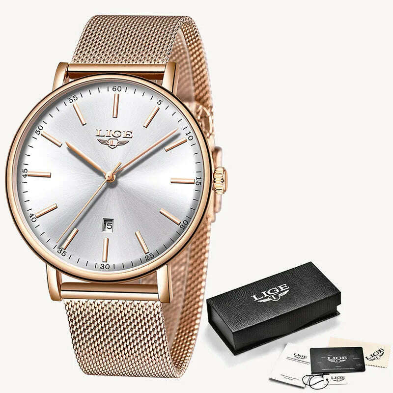 KIMLUD, LIGE Fashion Women Watches Ladies Top Brand luxury Waterproof Gold Quartz Watch Women Stainless Steel Date Wear Gift Clock 2021, Rose Gold White 1, KIMLUD Women's Clothes