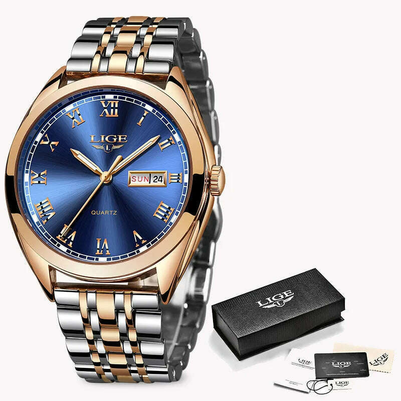 KIMLUD, LIGE Fashion Women Watches Ladies Top Brand luxury Waterproof Gold Quartz Watch Women Stainless Steel Date Wear Gift Clock 2021, Rose Gold Blue, KIMLUD Women's Clothes