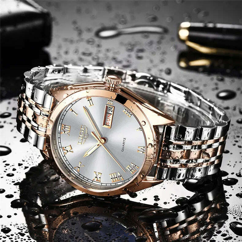 LIGE Fashion Women Watches Ladies Top Brand luxury Waterproof Gold Quartz Watch Women Stainless Steel Date Wear Gift Clock 2021 - KIMLUD