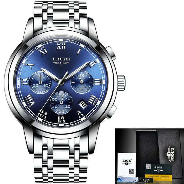 KIMLUD, LIGE Men Watches Top Luxury Brand Full Steel Waterproof Sport Quartz Watch Men Fashion Date Clock Chronograph Relogio Masculino, steel silver blue / CHINA, KIMLUD Womens Clothes