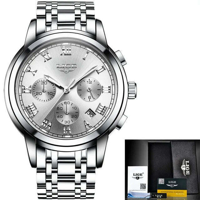 KIMLUD, LIGE Men Watches Top Luxury Brand Full Steel Waterproof Sport Quartz Watch Men Fashion Date Clock Chronograph Relogio Masculino, steel silver white / CHINA, KIMLUD Womens Clothes