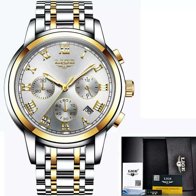KIMLUD, LIGE Men Watches Top Luxury Brand Full Steel Waterproof Sport Quartz Watch Men Fashion Date Clock Chronograph Relogio Masculino, steel gold white / CHINA, KIMLUD Womens Clothes
