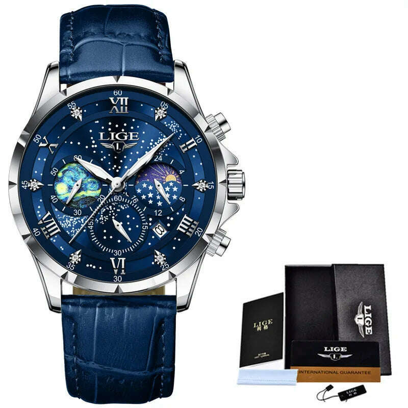 KIMLUD, LIGE New Black Leather Watch For Men Fashion Business Watch Men Sport Military Waterproof Men Quartz Wristwatches Reloj Hombre, silver blue, KIMLUD Womens Clothes