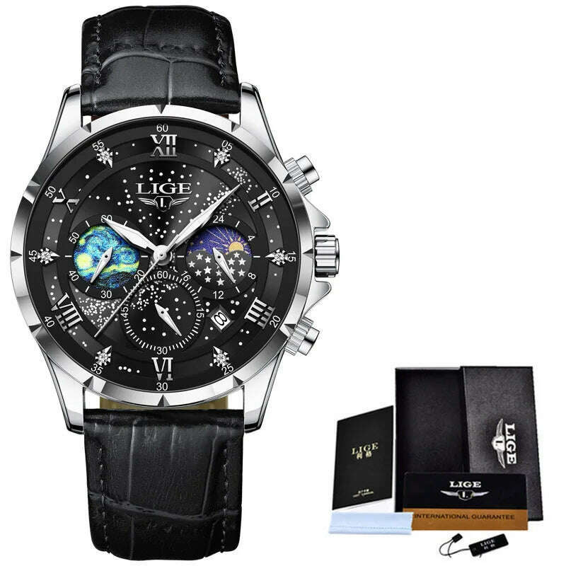 KIMLUD, LIGE New Black Leather Watch For Men Fashion Business Watch Men Sport Military Waterproof Men Quartz Wristwatches Reloj Hombre, silver black, KIMLUD Womens Clothes