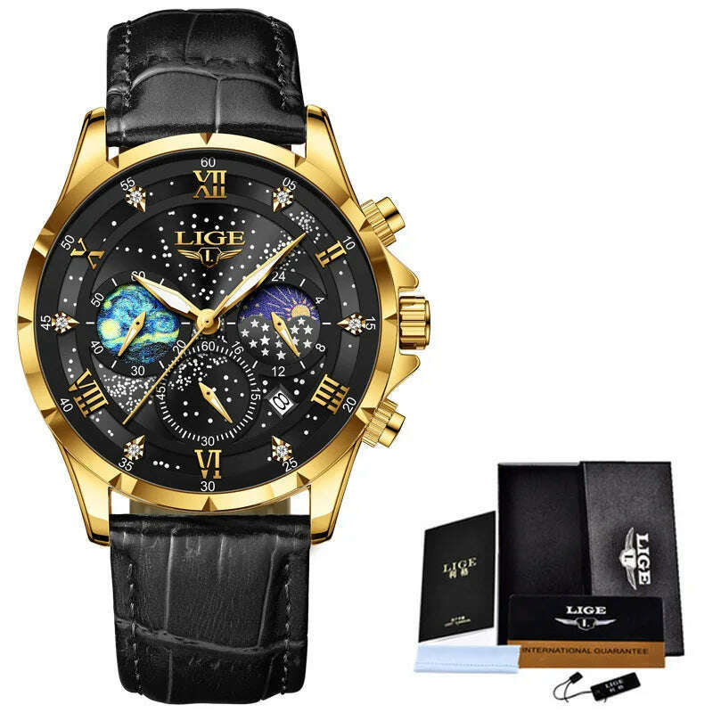 KIMLUD, LIGE New Black Leather Watch For Men Fashion Business Watch Men Sport Military Waterproof Men Quartz Wristwatches Reloj Hombre, black gold black, KIMLUD Womens Clothes