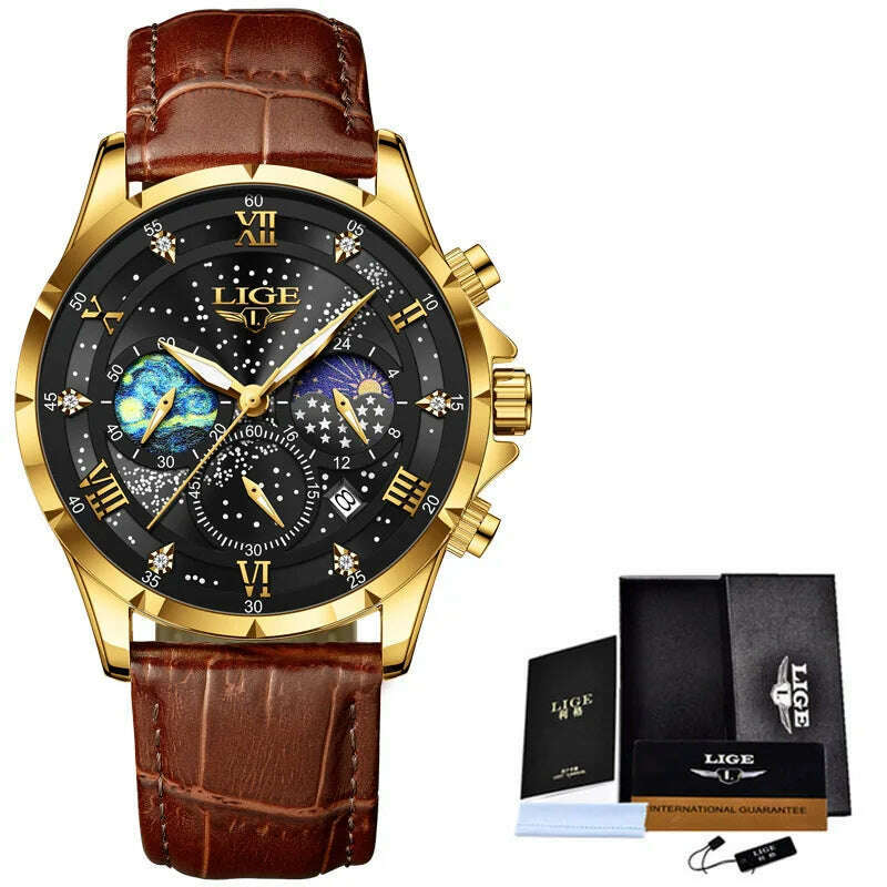 KIMLUD, LIGE New Black Leather Watch For Men Fashion Business Watch Men Sport Military Waterproof Men Quartz Wristwatches Reloj Hombre, Brown gold black, KIMLUD Womens Clothes