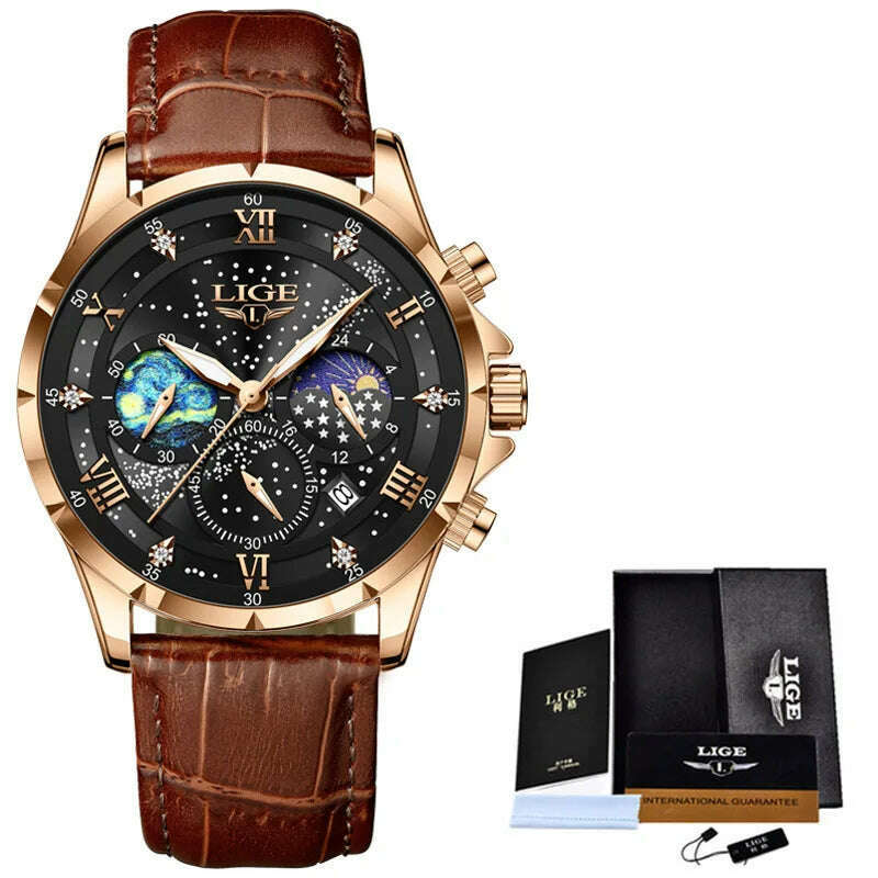 KIMLUD, LIGE New Black Leather Watch For Men Fashion Business Watch Men Sport Military Waterproof Men Quartz Wristwatches Reloj Hombre, rose gold black, KIMLUD Womens Clothes