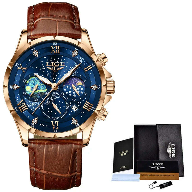 KIMLUD, LIGE New Black Leather Watch For Men Fashion Business Watch Men Sport Military Waterproof Men Quartz Wristwatches Reloj Hombre, rose gold blue, KIMLUD Womens Clothes