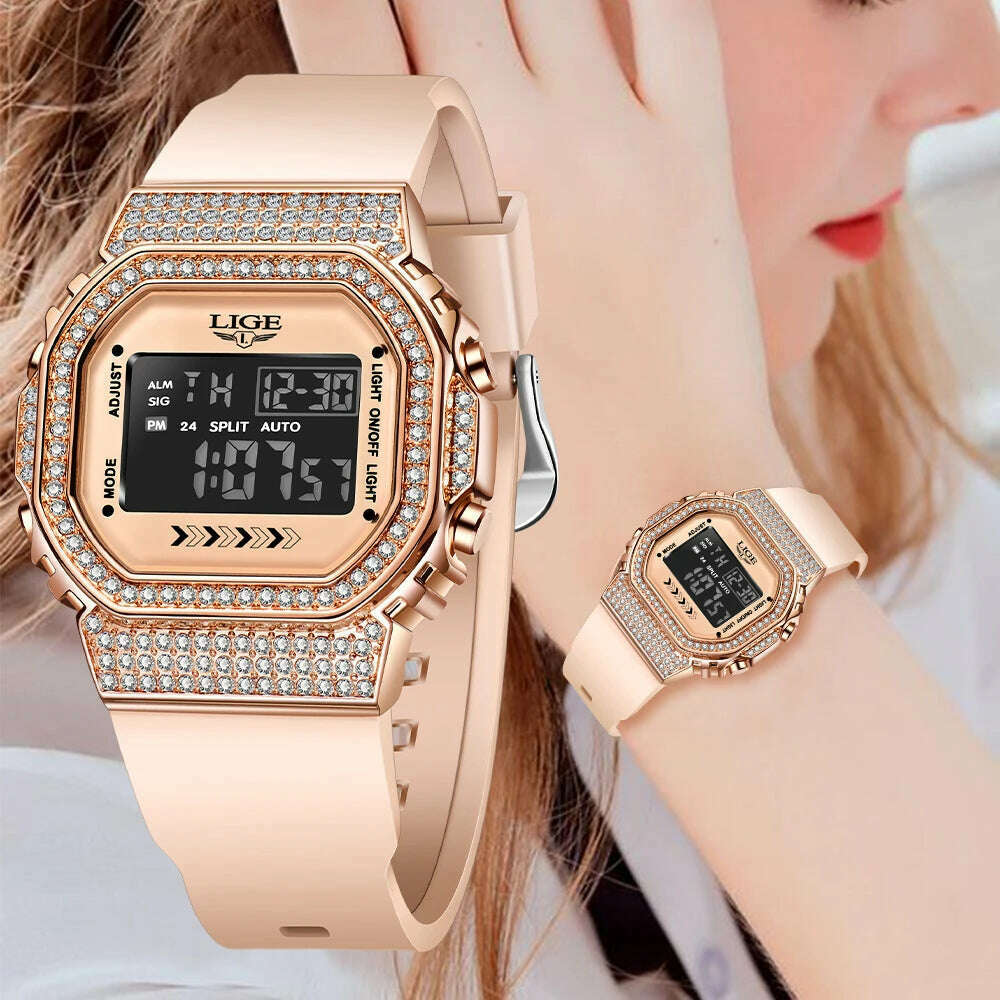 KIMLUD, LIGE Women Sport Watch Diamond Dial Watch for Women Ladies Silicone Quartz Watches Female Electronic Digital Analog Wirstwatches, KIMLUD Womens Clothes