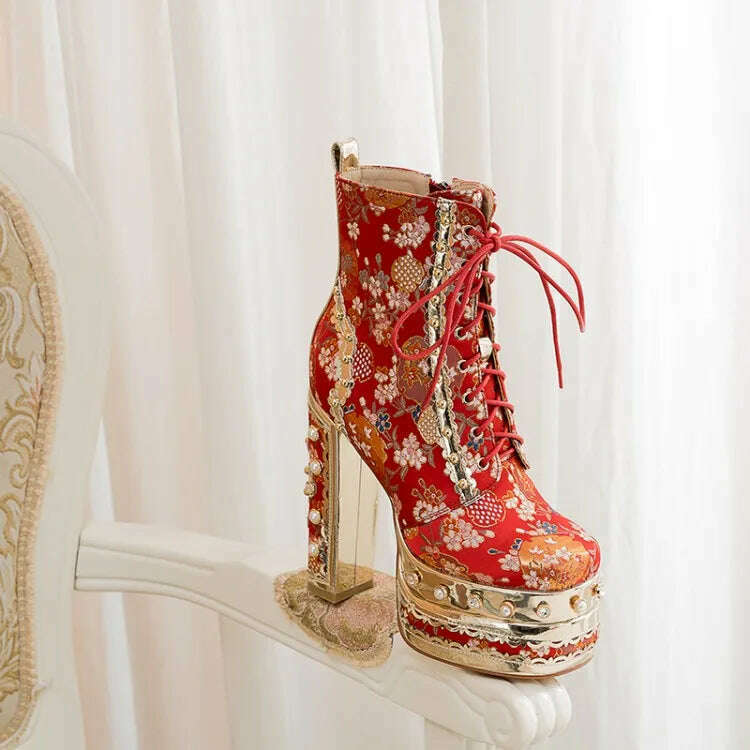 KIMLUD, Light Blue Embroider Lace Women Platform Ankle Boots Pearl Studded 14cm Chunky High Heels Botines Yellow Zipper Autumn Botas2022, Red / 34, KIMLUD APPAREL - Womens Clothes