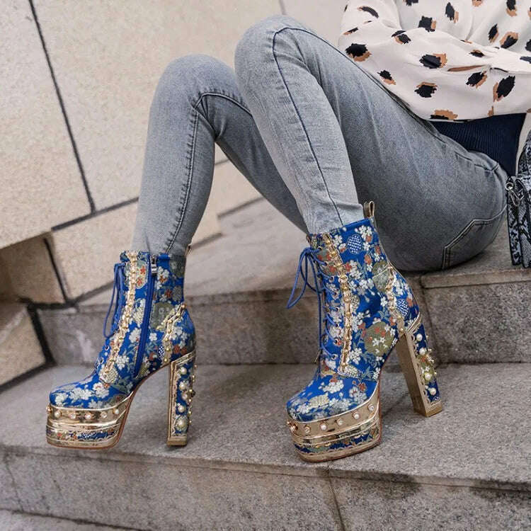 KIMLUD, Light Blue Embroider Lace Women Platform Ankle Boots Pearl Studded 14cm Chunky High Heels Botines Yellow Zipper Autumn Botas2022, Blue / 34, KIMLUD Womens Clothes