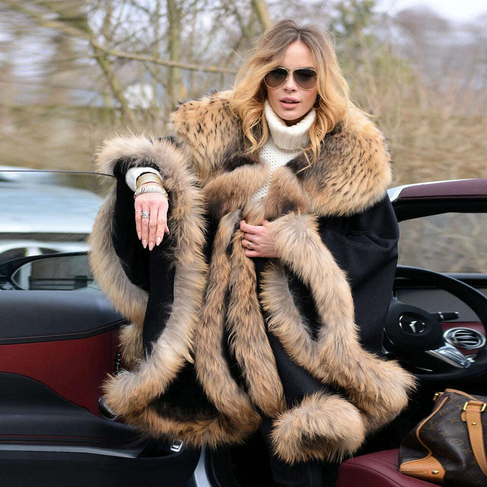 KIMLUD, Light Grey Natural Fox Fur Cashmere Capes Fashion Woman Genuine Fox Fur Wool Blends Ponchos Winter Trendy Fur Overcoat Luxury, Style 4 / bust 88-120cm, KIMLUD Women's Clothes