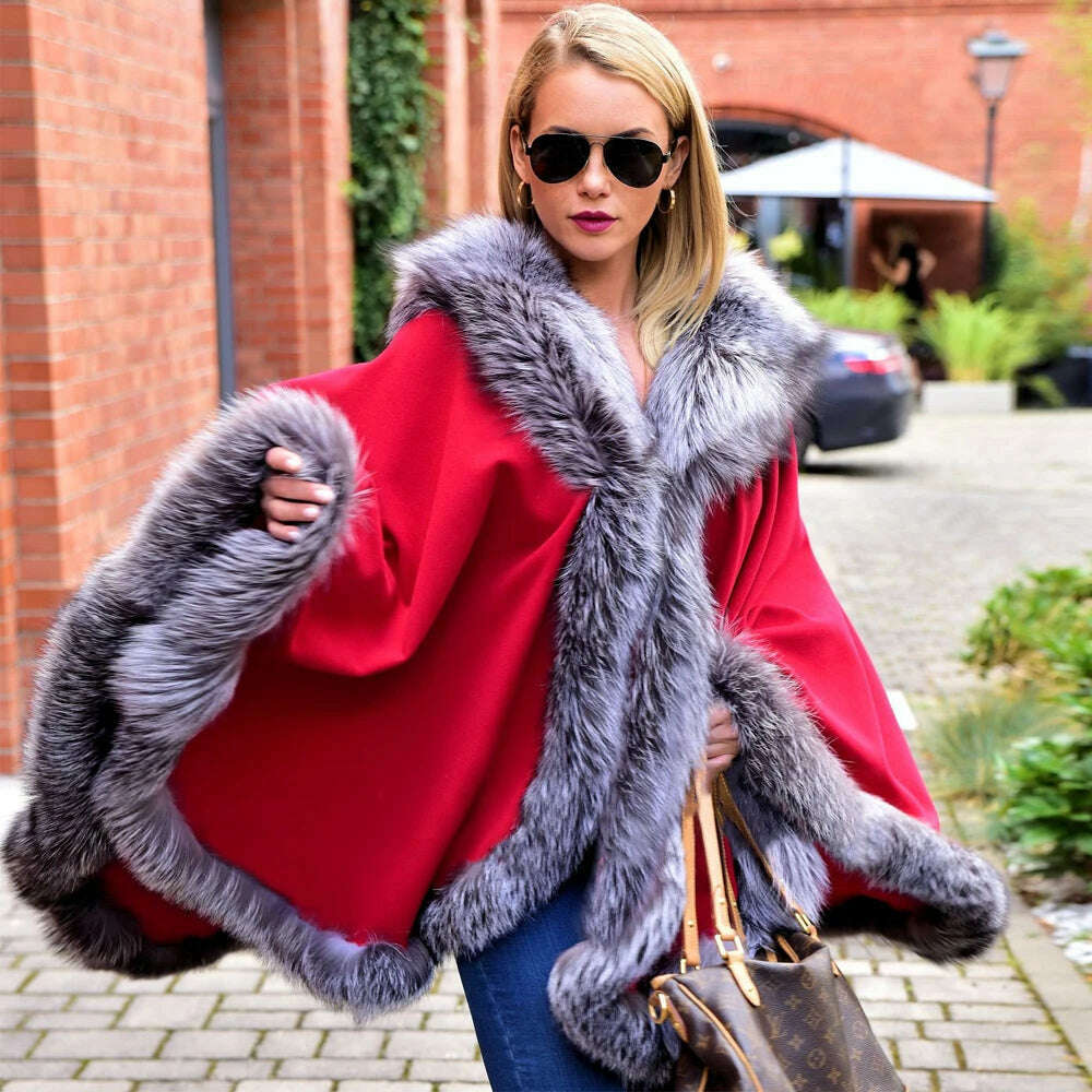 KIMLUD, Light Grey Natural Fox Fur Cashmere Capes Fashion Woman Genuine Fox Fur Wool Blends Ponchos Winter Trendy Fur Overcoat Luxury, Style 6 / bust 88-120cm, KIMLUD Women's Clothes