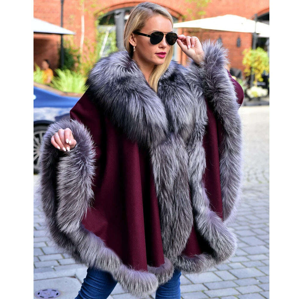 KIMLUD, Light Grey Natural Fox Fur Cashmere Capes Fashion Woman Genuine Fox Fur Wool Blends Ponchos Winter Trendy Fur Overcoat Luxury, Style 5 / bust 88-120cm, KIMLUD Womens Clothes