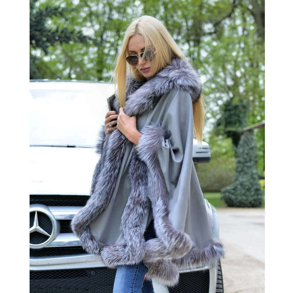 KIMLUD, Light Grey Natural Fox Fur Cashmere Capes Fashion Woman Genuine Fox Fur Wool Blends Ponchos Winter Trendy Fur Overcoat Luxury, KIMLUD Womens Clothes