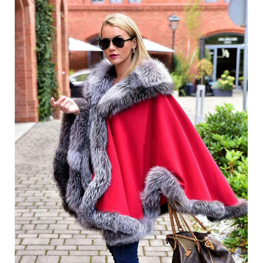 KIMLUD, Light Grey Natural Fox Fur Cashmere Capes Fashion Woman Genuine Fox Fur Wool Blends Ponchos Winter Trendy Fur Overcoat Luxury, KIMLUD Womens Clothes