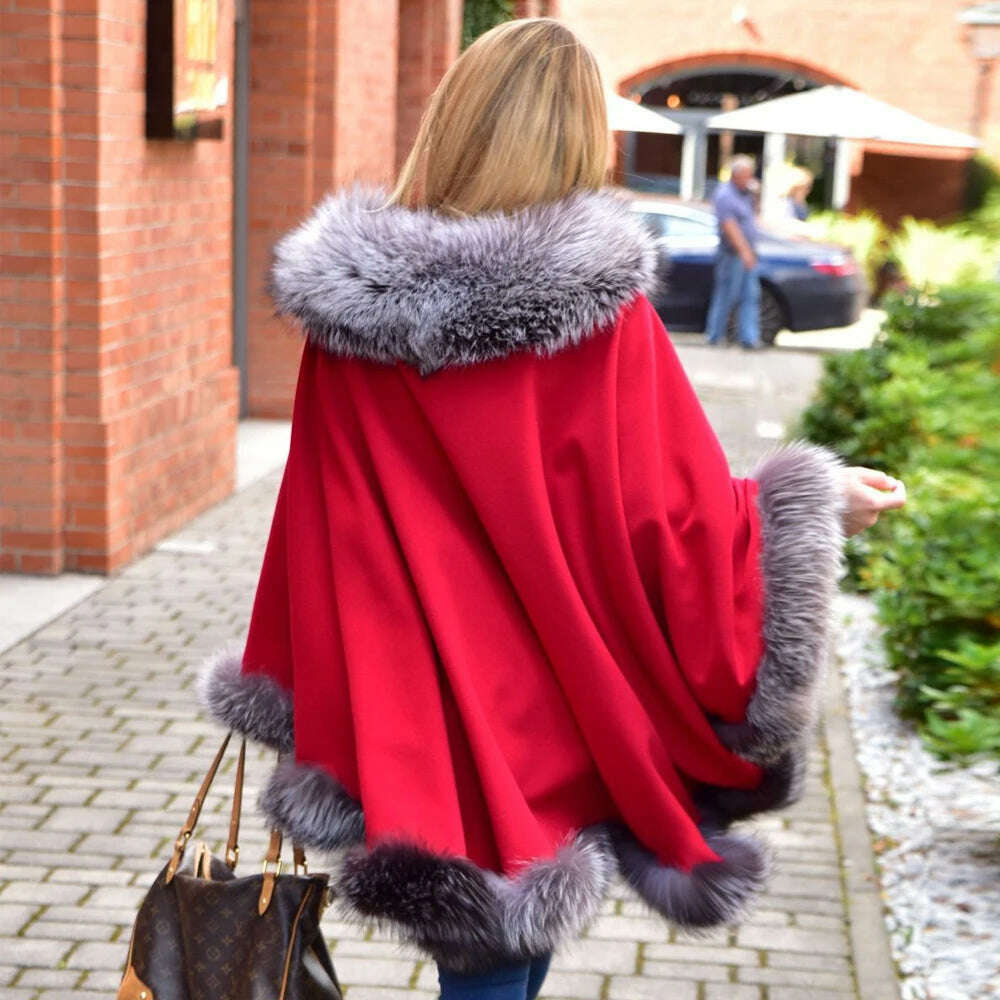 KIMLUD, Light Grey Natural Fox Fur Cashmere Capes Fashion Woman Genuine Fox Fur Wool Blends Ponchos Winter Trendy Fur Overcoat Luxury, KIMLUD Womens Clothes