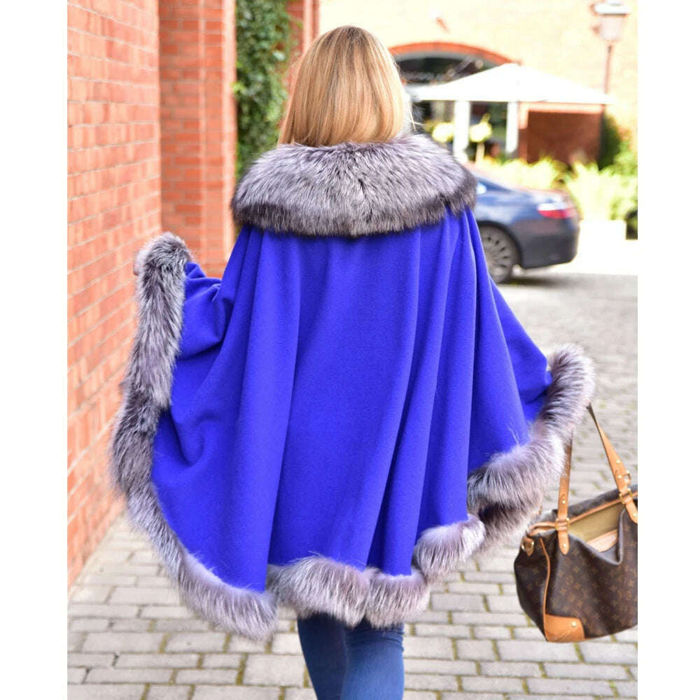 KIMLUD, Light Grey Natural Fox Fur Cashmere Capes Fashion Woman Genuine Fox Fur Wool Blends Ponchos Winter Trendy Fur Overcoat Luxury, KIMLUD Womens Clothes