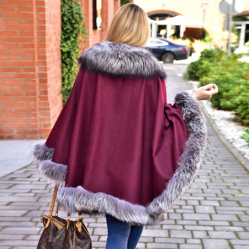 KIMLUD, Light Grey Natural Fox Fur Cashmere Capes Fashion Woman Genuine Fox Fur Wool Blends Ponchos Winter Trendy Fur Overcoat Luxury, KIMLUD Womens Clothes