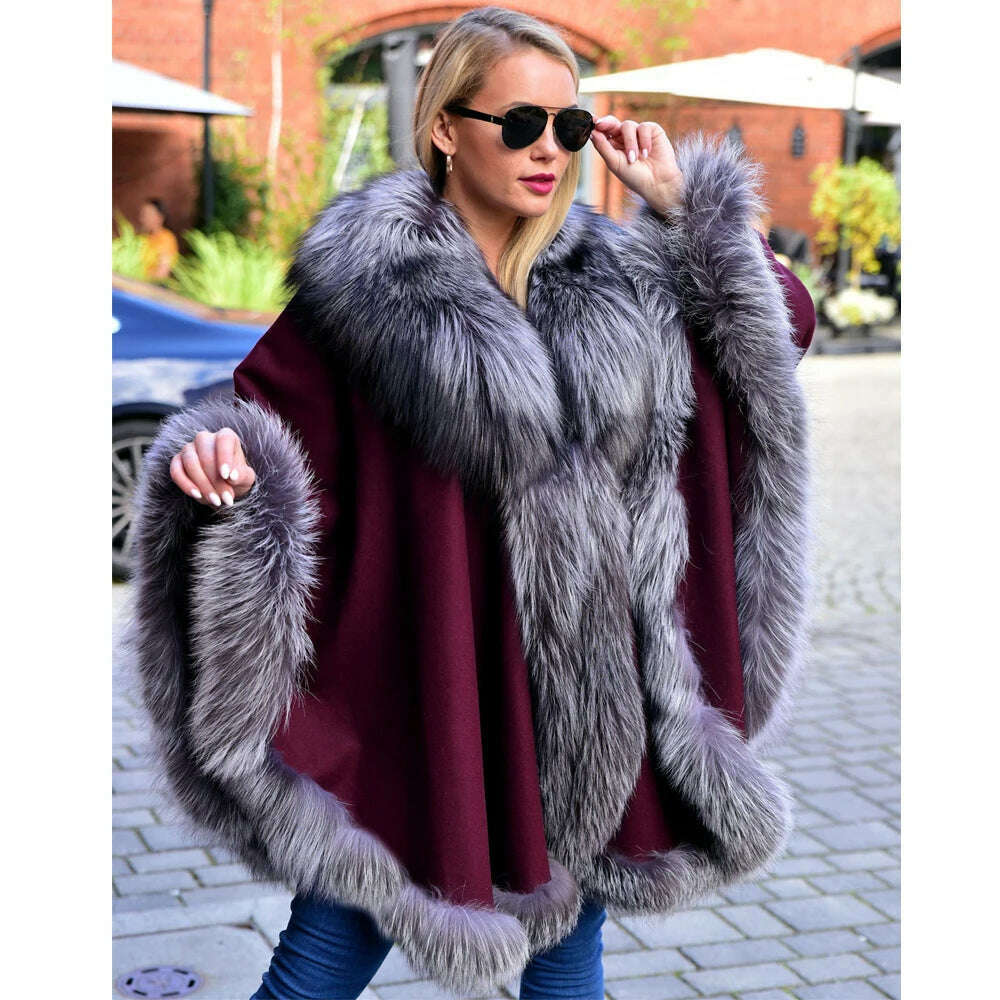 KIMLUD, Light Grey Natural Fox Fur Cashmere Capes Fashion Woman Genuine Fox Fur Wool Blends Ponchos Winter Trendy Fur Overcoat Luxury, KIMLUD Womens Clothes