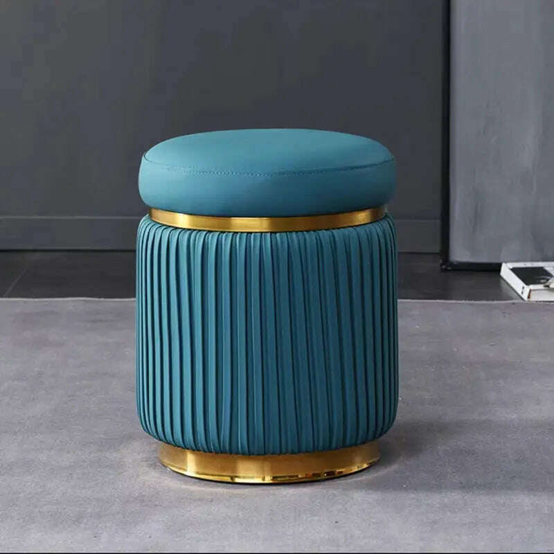 Light Luxury Dressing Stool Bedroom Makeup Stool Small Spartment Leather Shoe Changing Stool Ottoman Pouf Small Round Stools, blue, KIMLUD Women's Clothes