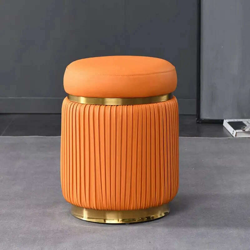 Light Luxury Dressing Stool Bedroom Makeup Stool Small Spartment Leather Shoe Changing Stool Ottoman Pouf Small Round Stools, light orange, KIMLUD Women's Clothes
