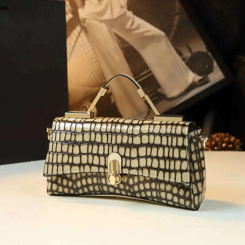KIMLUD, Light Luxury Genuine Leather Crocodile Pattern Handbag For Women 2023 New High Quality Stone Pattern One Shoulder Women's Bag, KIMLUD Women's Clothes
