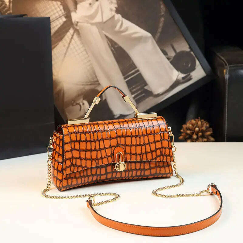 KIMLUD, Light Luxury Genuine Leather Crocodile Pattern Handbag For Women 2023 New High Quality Stone Pattern One Shoulder Women's Bag, orange, KIMLUD Women's Clothes