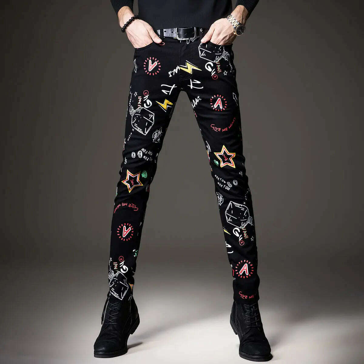 Light Luxury Men’s Slim-fit Stretch Jeans,Full Print Trendy Casual Denim Pants, Hip Hop Street Fashion Noble Black Jeans Pants; - KIMLUD