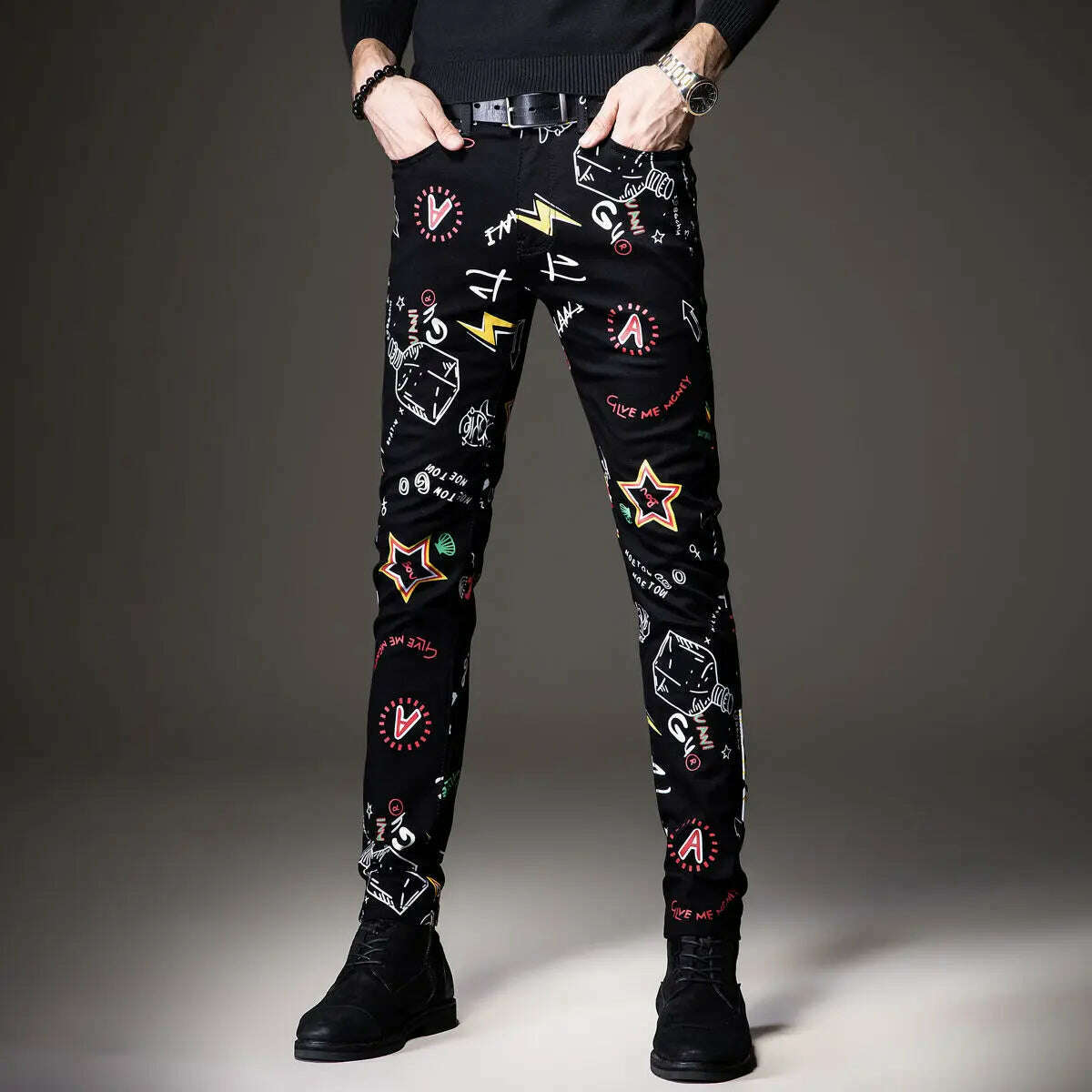 Light Luxury Men’s Slim-fit Stretch Jeans,Full Print Trendy Casual Denim Pants, Hip Hop Street Fashion Noble Black Jeans Pants; - KIMLUD