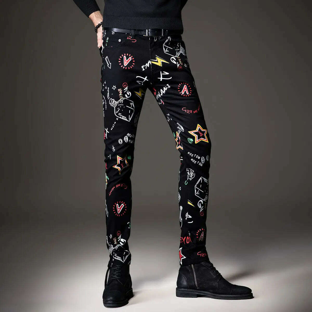 Light Luxury Men’s Slim-fit Stretch Jeans,Full Print Trendy Casual Denim Pants, Hip Hop Street Fashion Noble Black Jeans Pants; - KIMLUD