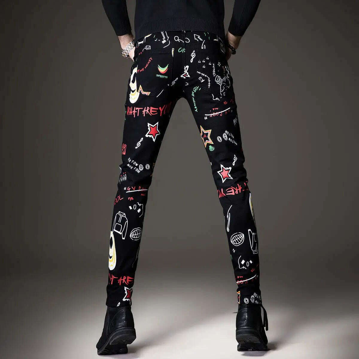 Light Luxury Men’s Slim-fit Stretch Jeans,Full Print Trendy Casual Denim Pants, Hip Hop Street Fashion Noble Black Jeans Pants; - KIMLUD
