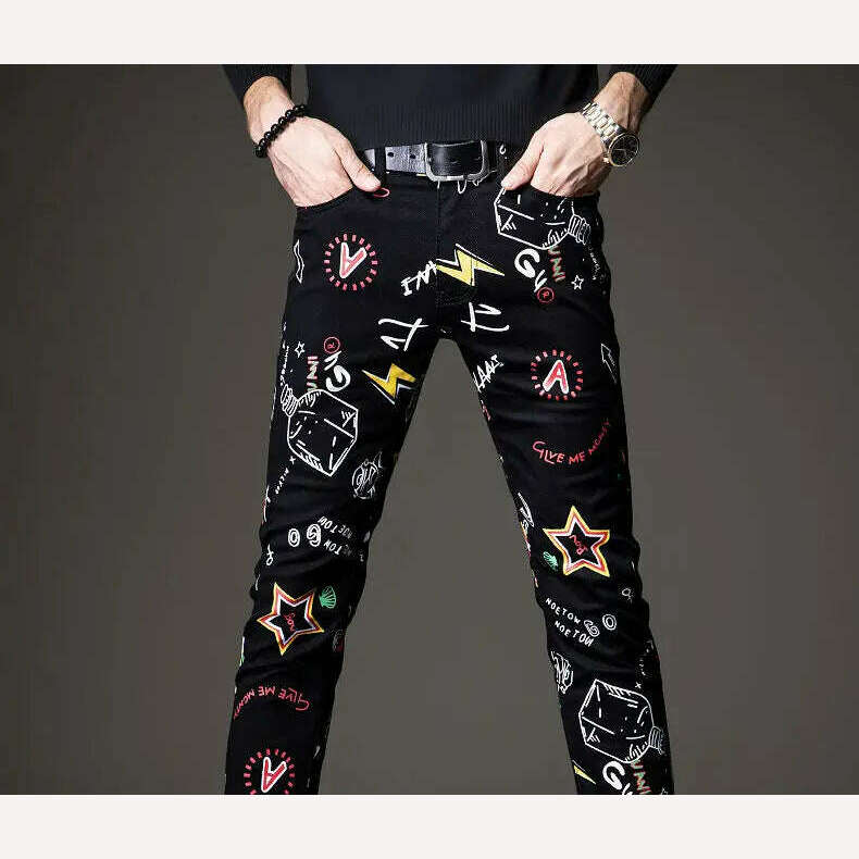 Light Luxury Men’s Slim-fit Stretch Jeans,Full Print Trendy Casual Denim Pants, Hip Hop Street Fashion Noble Black Jeans Pants; - KIMLUD