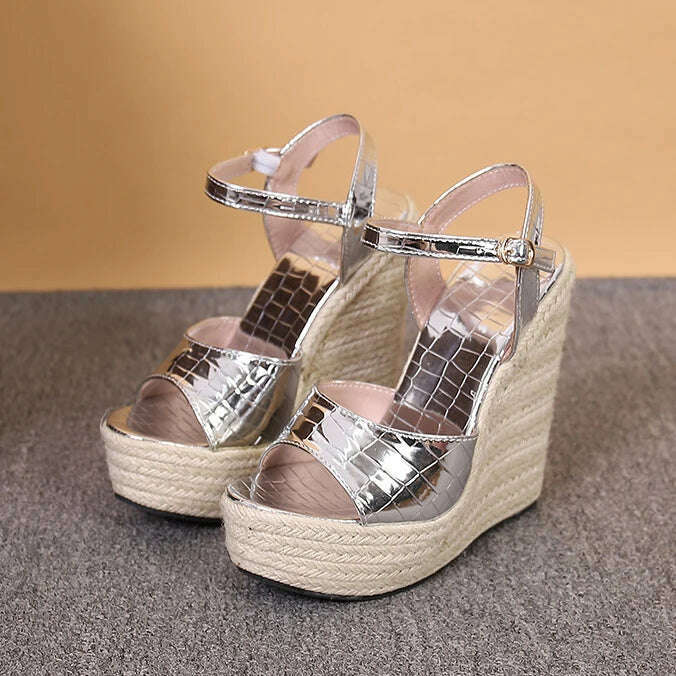 KIMLUD, LIHUAMAO pumps wedges peep toe sandals shoes women espadrilles heel rope outsole comfort csaual sandals, Silver / 42, KIMLUD Women's Clothes