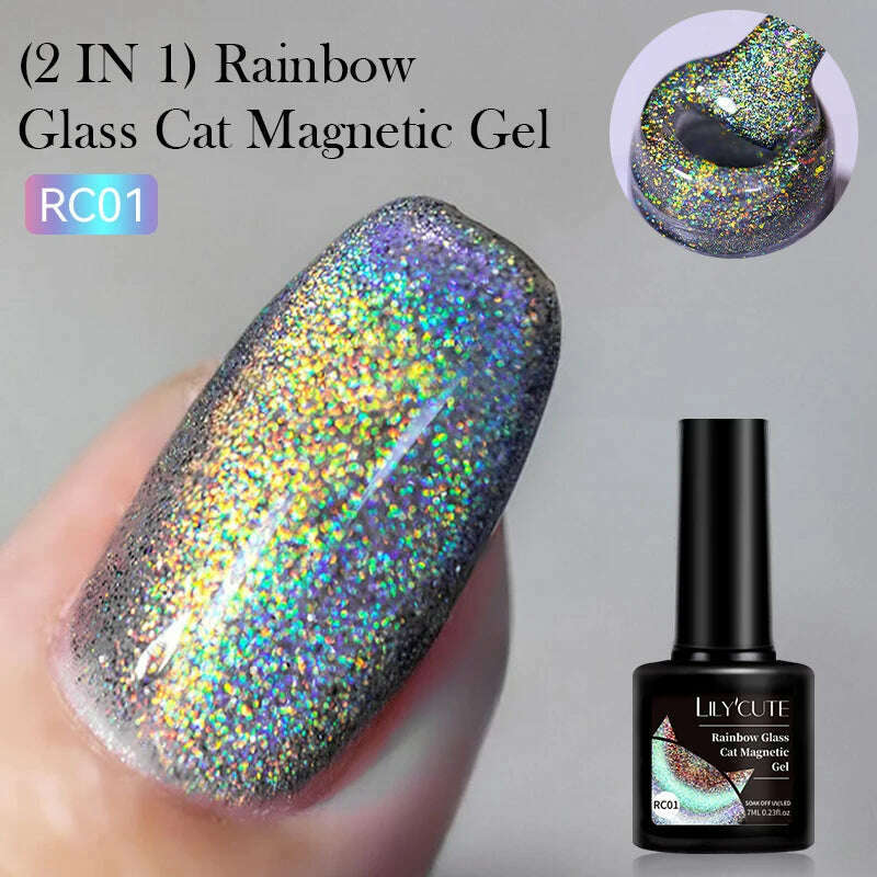 LILYCUTE 7ML Rainbow Glass Cat Magnetic Gel Nail Polish Super-Bright Colorful Glitter Sparkling Manicure Semi Permanent Nail Gel - KIMLUD