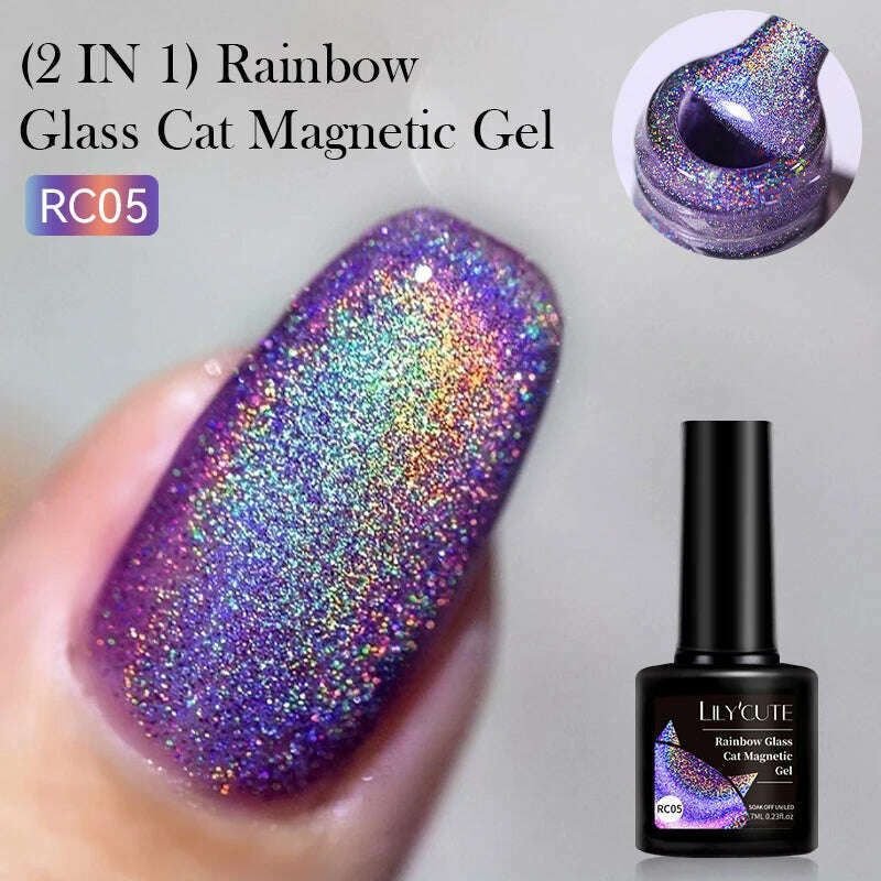 LILYCUTE 7ML Rainbow Glass Cat Magnetic Gel Nail Polish Super-Bright Colorful Glitter Sparkling Manicure Semi Permanent Nail Gel - KIMLUD