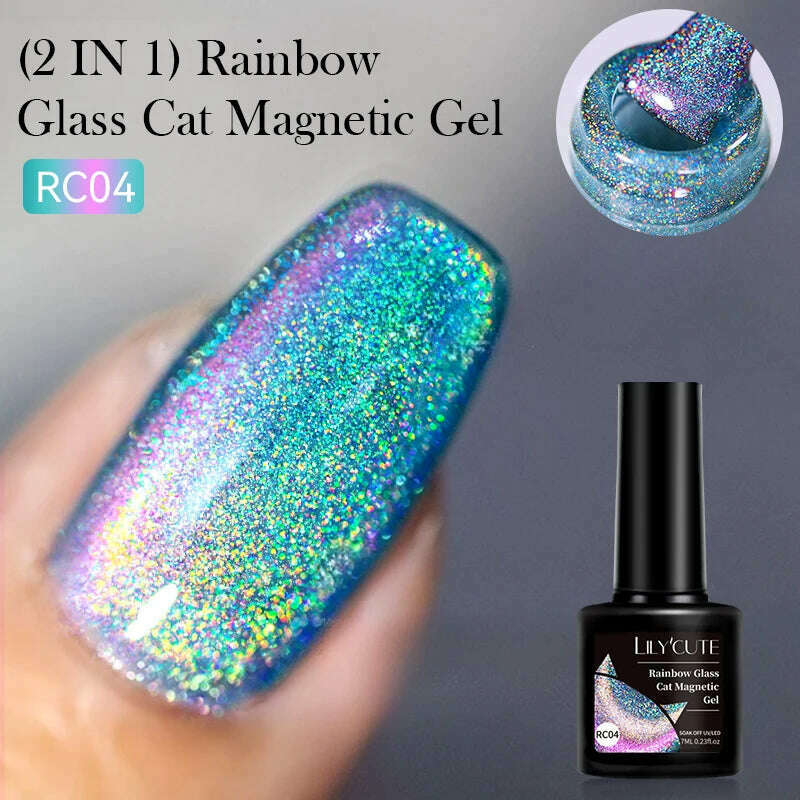 LILYCUTE 7ML Rainbow Glass Cat Magnetic Gel Nail Polish Super-Bright Colorful Glitter Sparkling Manicure Semi Permanent Nail Gel - KIMLUD