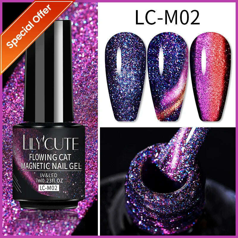LILYCUTE 7ML Rainbow Glass Cat Magnetic Gel Nail Polish Super-Bright Colorful Glitter Sparkling Manicure Semi Permanent Nail Gel - KIMLUD