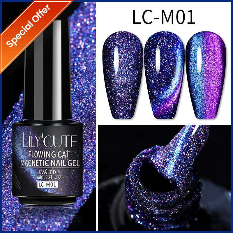 LILYCUTE 7ML Rainbow Glass Cat Magnetic Gel Nail Polish Super-Bright Colorful Glitter Sparkling Manicure Semi Permanent Nail Gel - KIMLUD