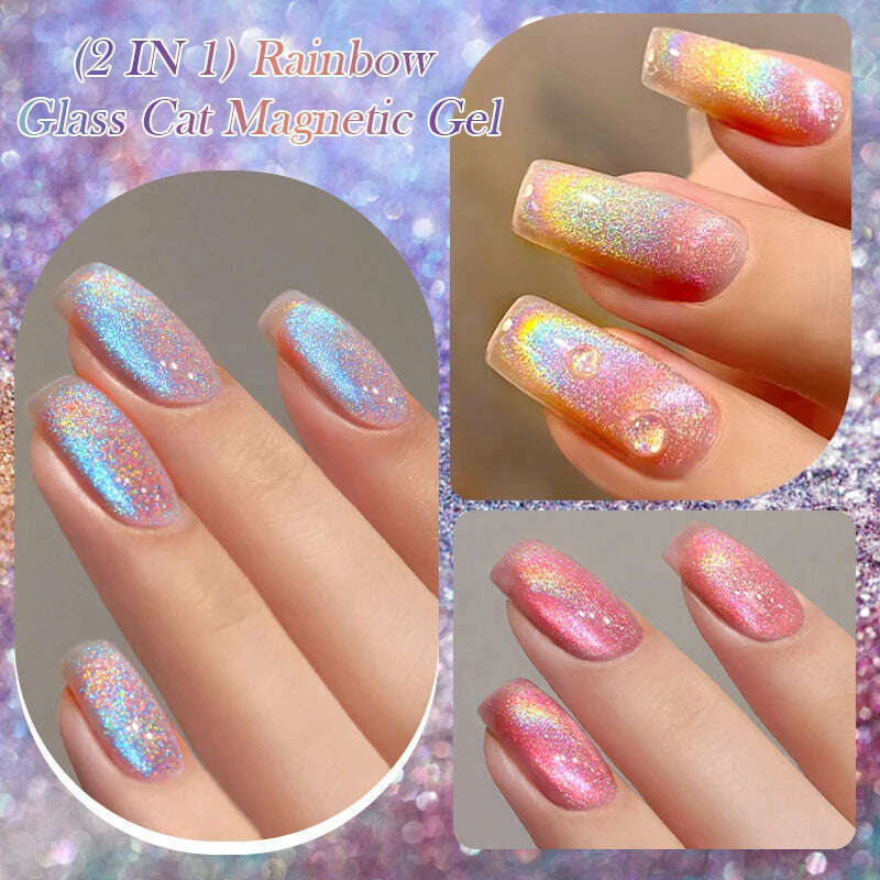 LILYCUTE 7ML Sparkling Glitter Rainbow Cat Magnetic Gel Nail Polish 9D Colorful Semi Permanent Soak Off Nail Art UV Gel Varnish - KIMLUD