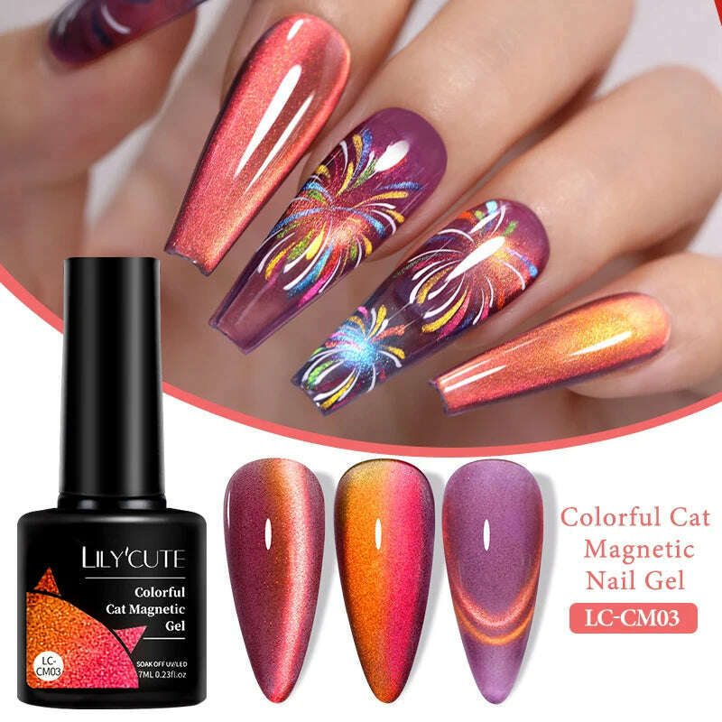 LILYCUTE 7ML Sparkling Glitter Rainbow Cat Magnetic Gel Nail Polish 9D Colorful Semi Permanent Soak Off Nail Art UV Gel Varnish - KIMLUD