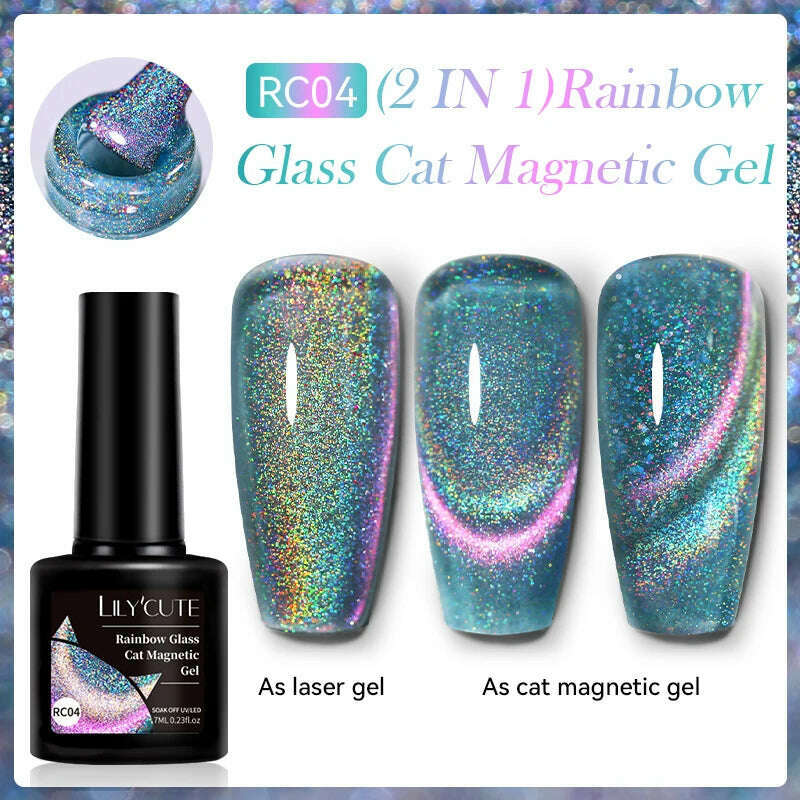 LILYCUTE 7ML Sparkling Glitter Rainbow Cat Magnetic Gel Nail Polish 9D Colorful Semi Permanent Soak Off Nail Art UV Gel Varnish - KIMLUD