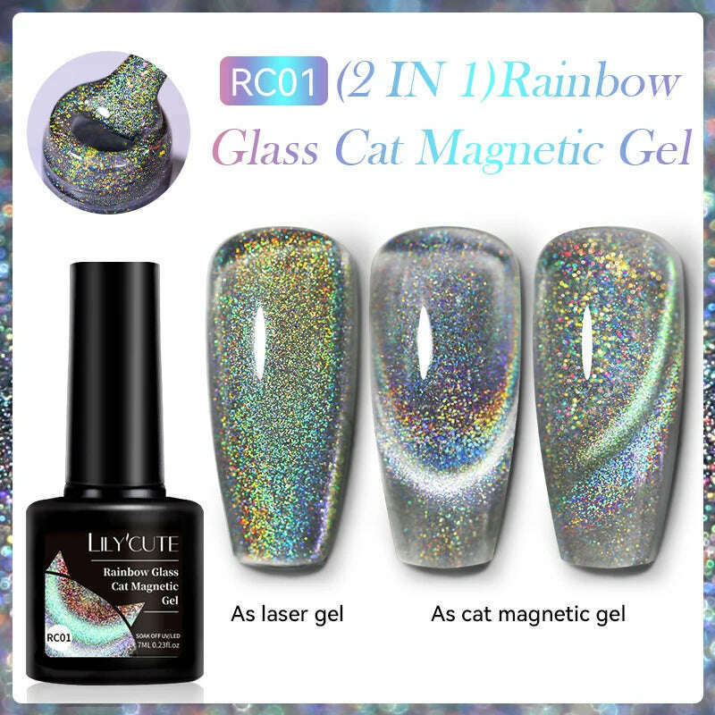 LILYCUTE 7ML Sparkling Glitter Rainbow Cat Magnetic Gel Nail Polish 9D Colorful Semi Permanent Soak Off Nail Art UV Gel Varnish - KIMLUD