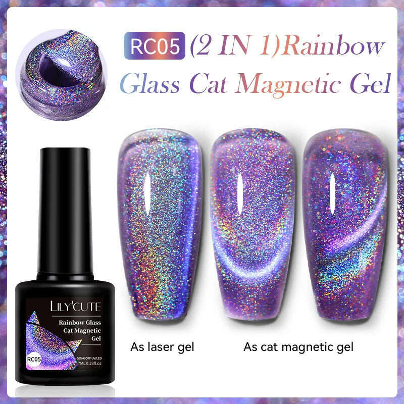 LILYCUTE 7ML Sparkling Glitter Rainbow Cat Magnetic Gel Nail Polish 9D Colorful Semi Permanent Soak Off Nail Art UV Gel Varnish - KIMLUD